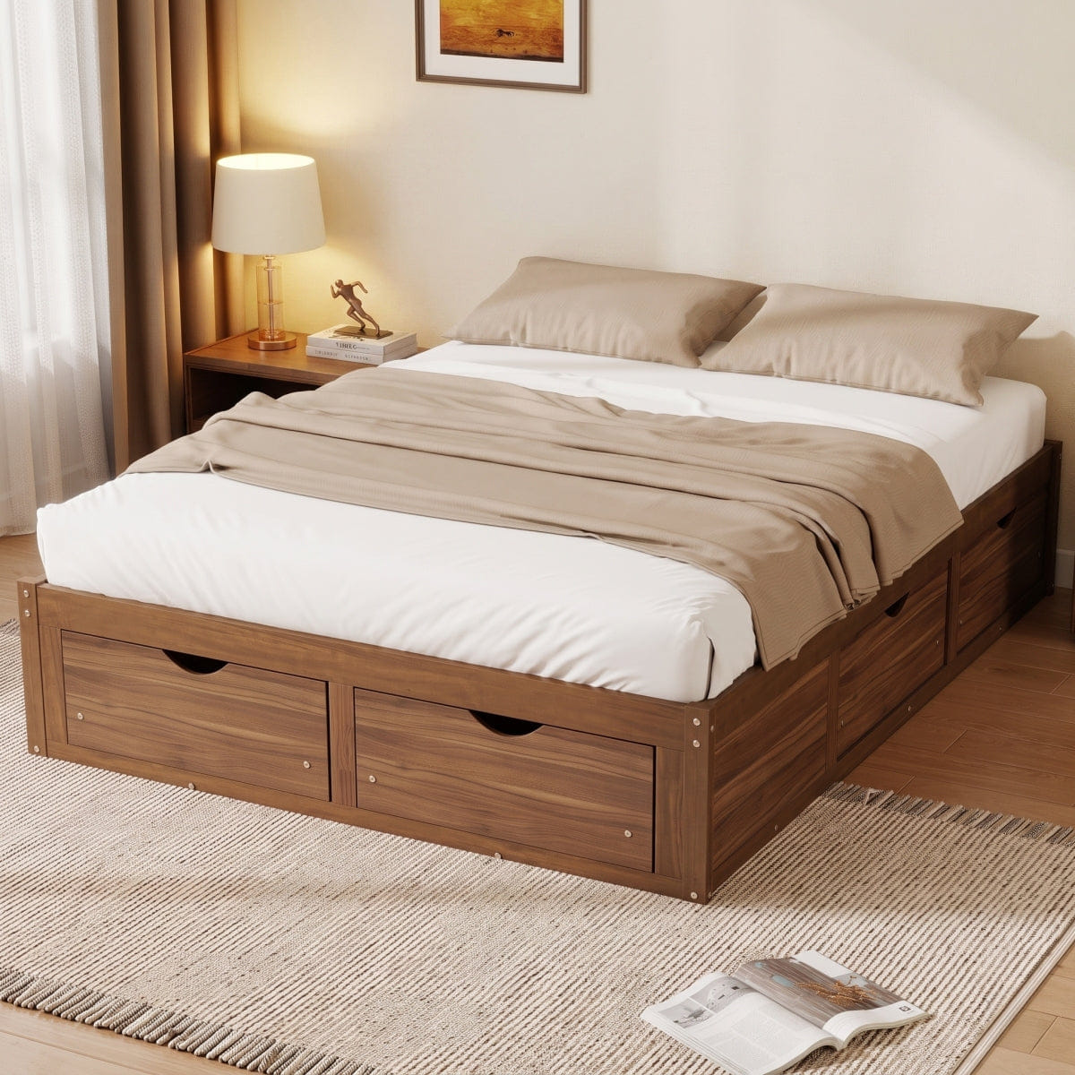 WOOD Streamdale Queen Size Wood Platform Bed with 6 Storage Drawers, Light Walnut