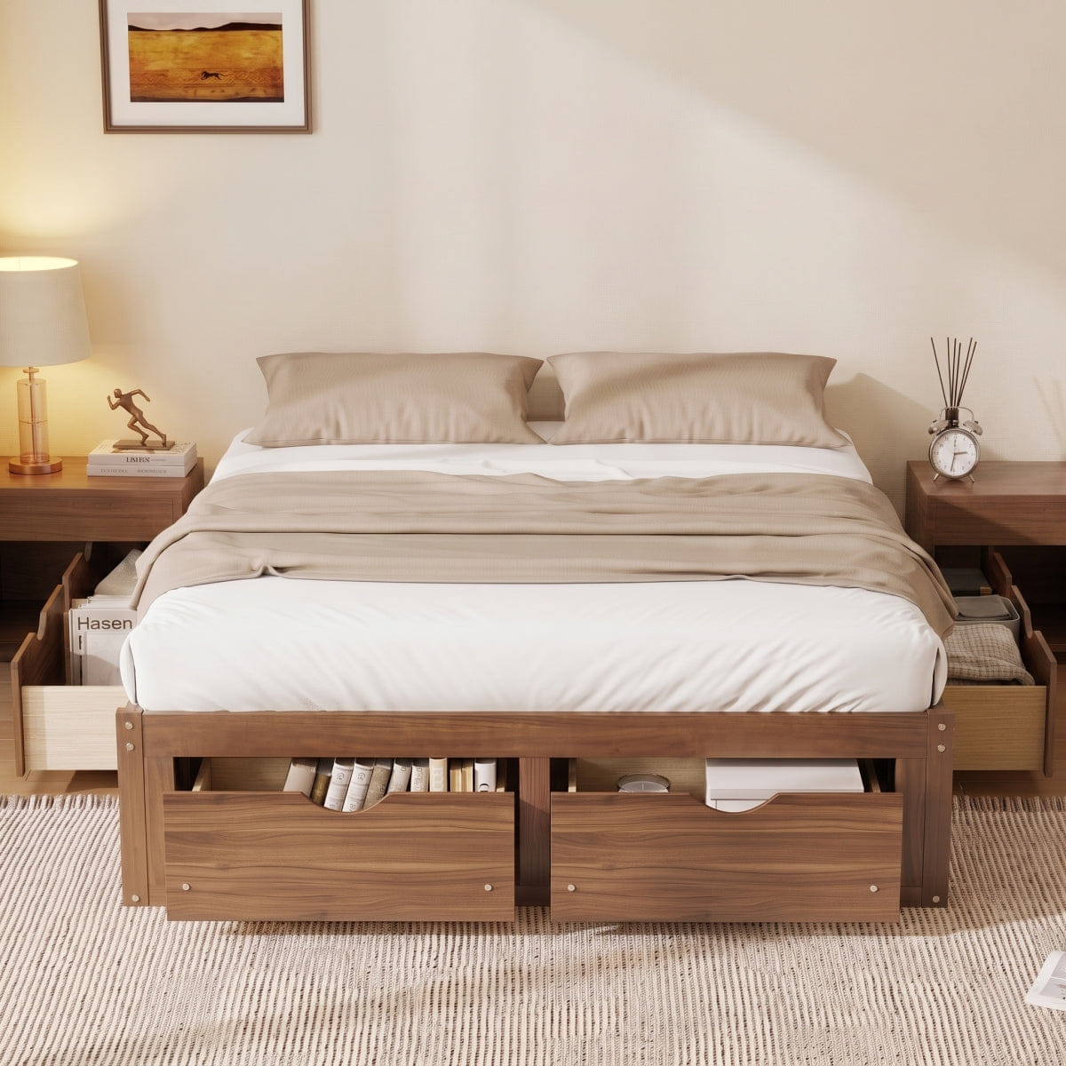 WOOD Streamdale Queen Size Wood Platform Bed with 6 Storage Drawers, Light Walnut