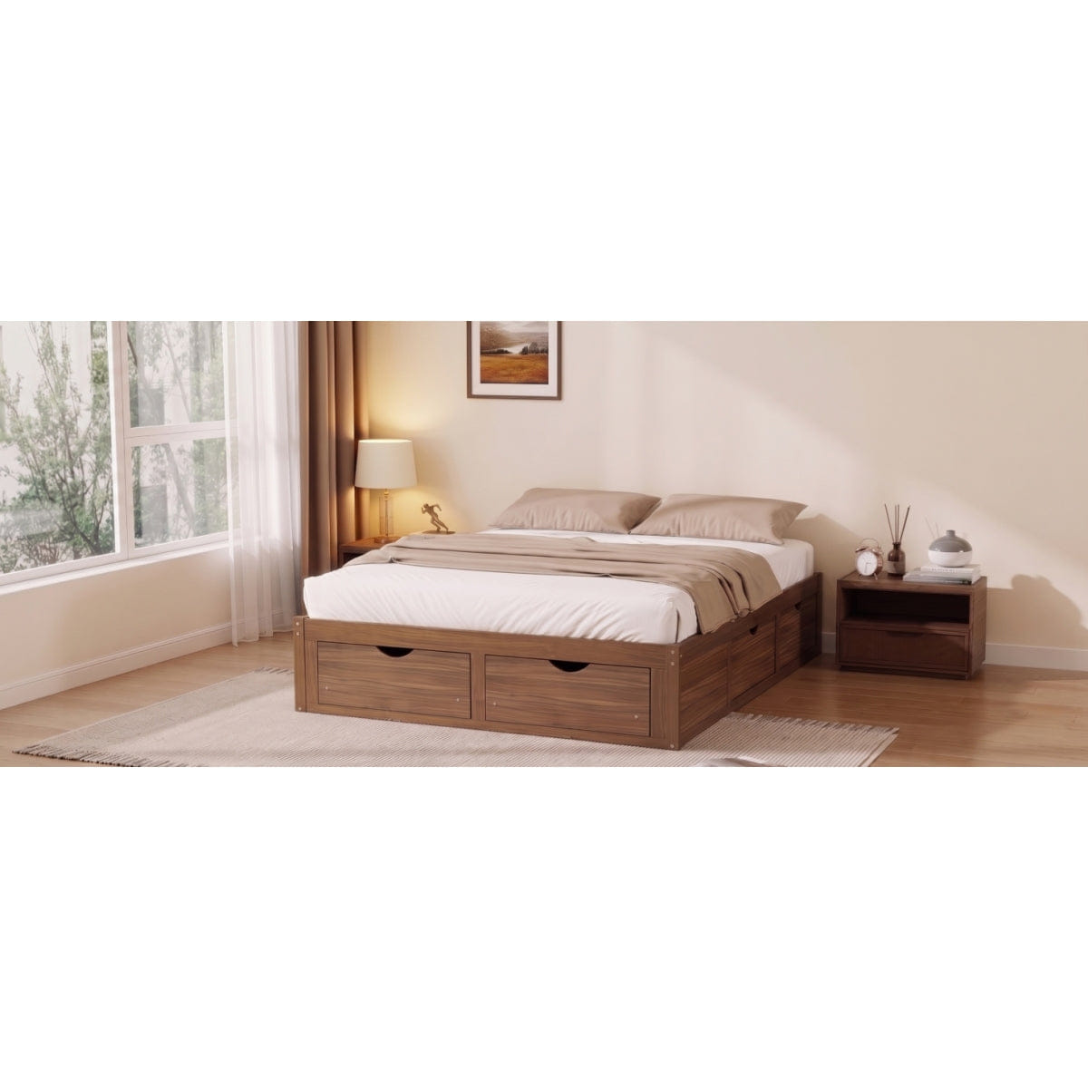 WOOD Streamdale Queen Size Wood Platform Bed with 6 Storage Drawers, Light Walnut