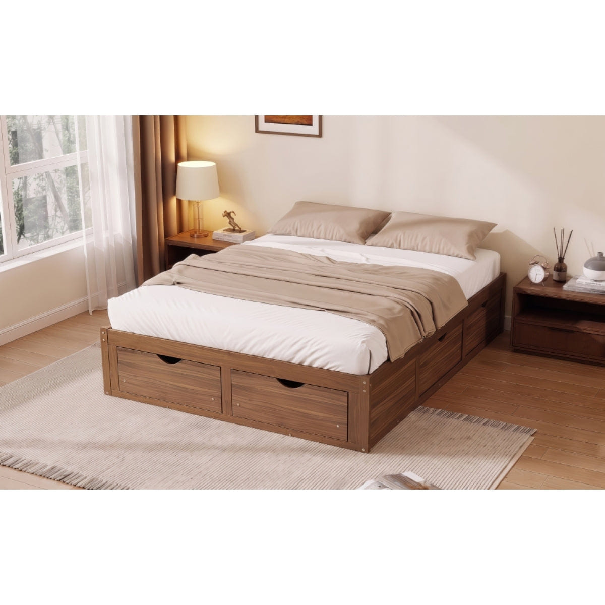 WOOD Streamdale Queen Size Wood Platform Bed with 6 Storage Drawers, Light Walnut