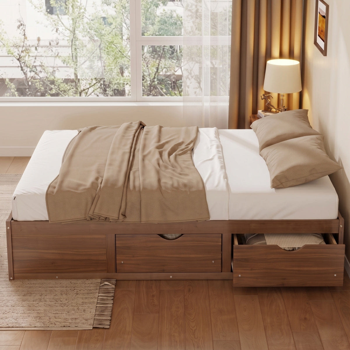 WOOD Streamdale Queen Size Wood Platform Bed with 6 Storage Drawers, Light Walnut