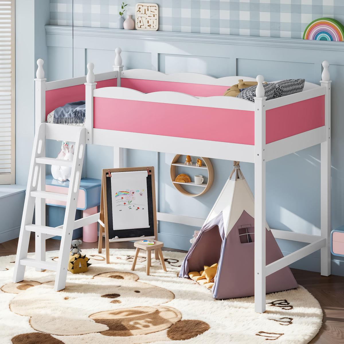 WHITE* Streamdale Twin Wood Loft Bed with Guardrails & Ladder, Pink/White