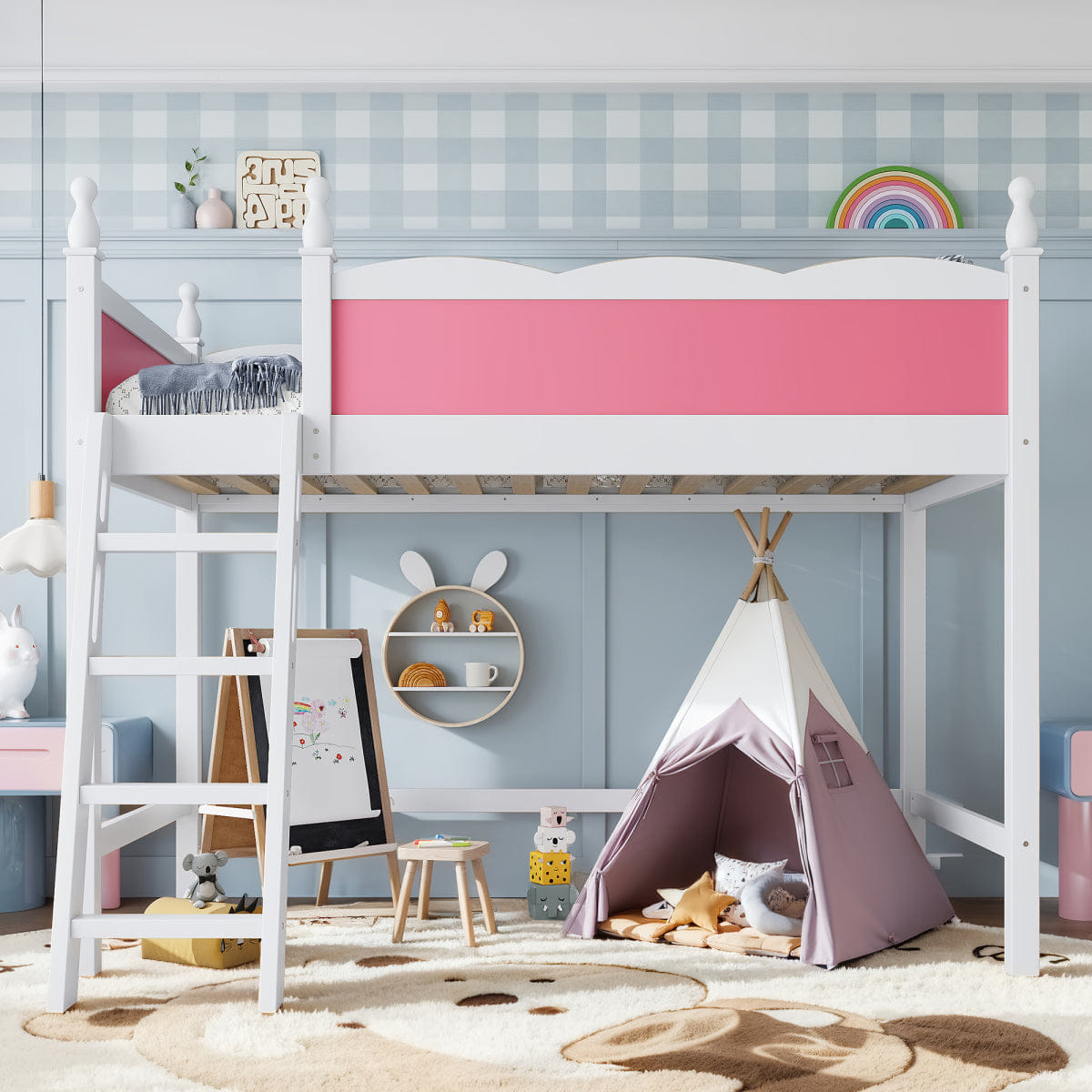 WHITE* Streamdale Twin Wood Loft Bed with Guardrails & Ladder, Pink/White
