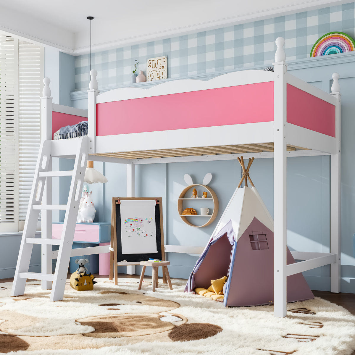 WHITE* Streamdale Twin Wood Loft Bed with Guardrails & Ladder, Pink/White