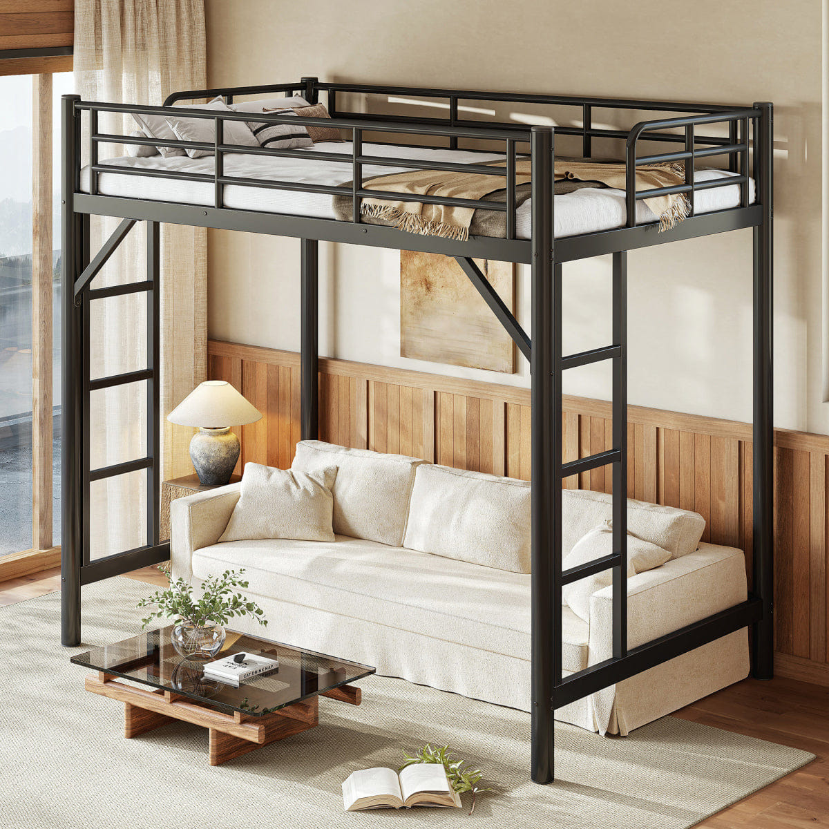 Loft Streamdale Twin Size Metal Loft Bed with Ladder and Guardrails, Black