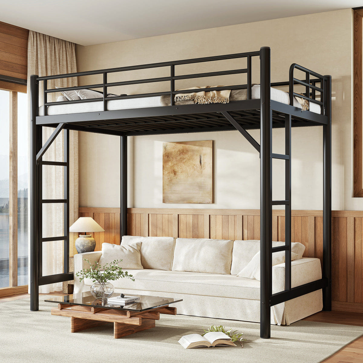 Loft Streamdale Twin Size Metal Loft Bed with Ladder and Guardrails, Black