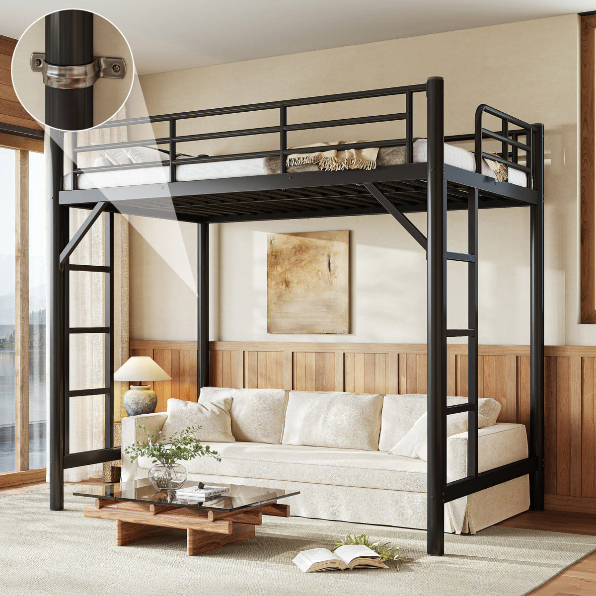 Loft Streamdale Twin Size Metal Loft Bed with Ladder and Guardrails, Black