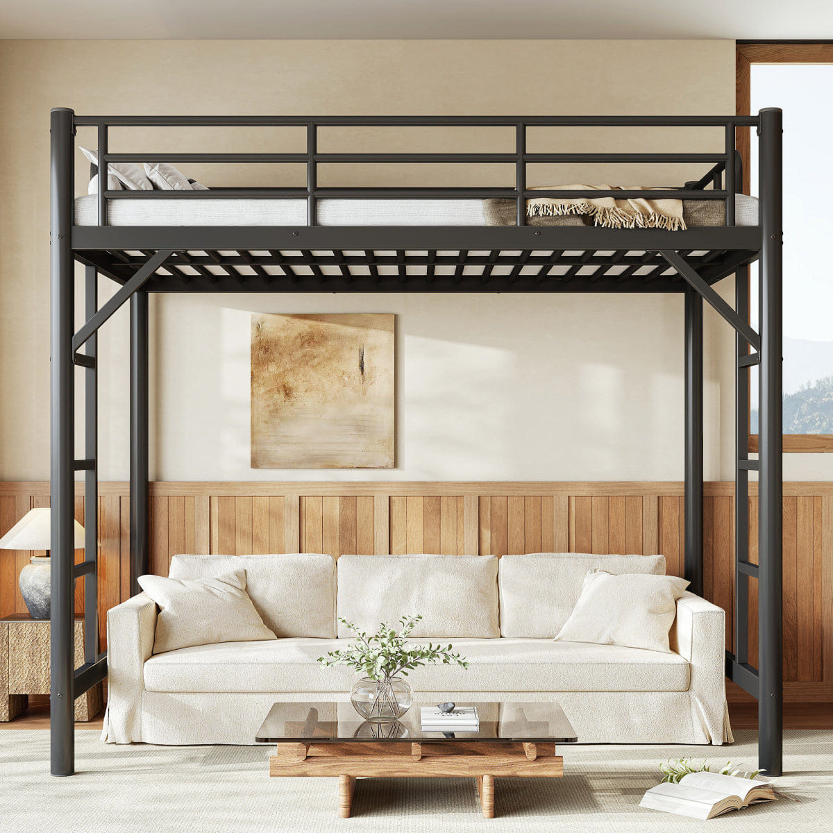 Loft Streamdale Twin Size Metal Loft Bed with Ladder and Guardrails, Black