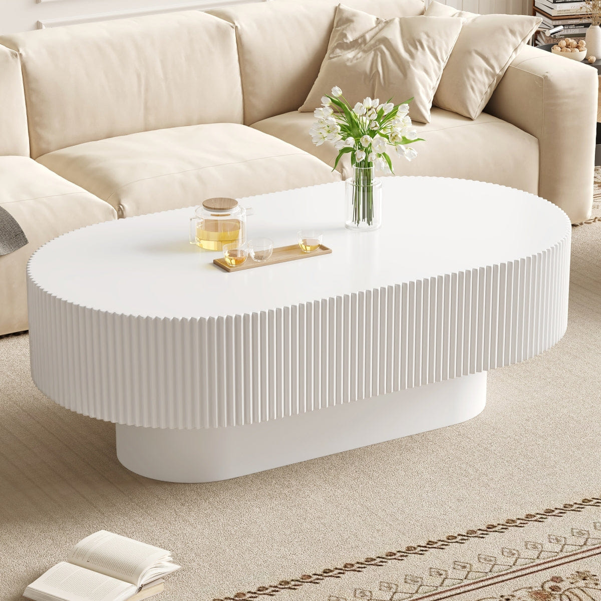 WHITE* Streamdale 48.4" Fluted Farmhouse Oval Coffee Table, White