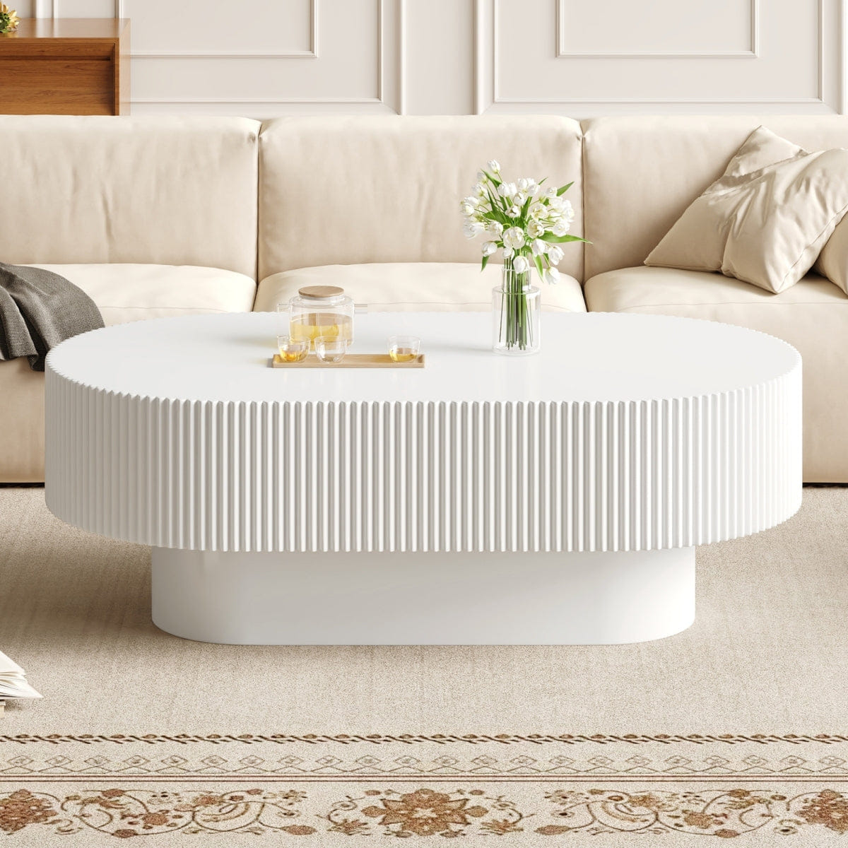 WHITE* Streamdale 48.4" Fluted Farmhouse Oval Coffee Table, White