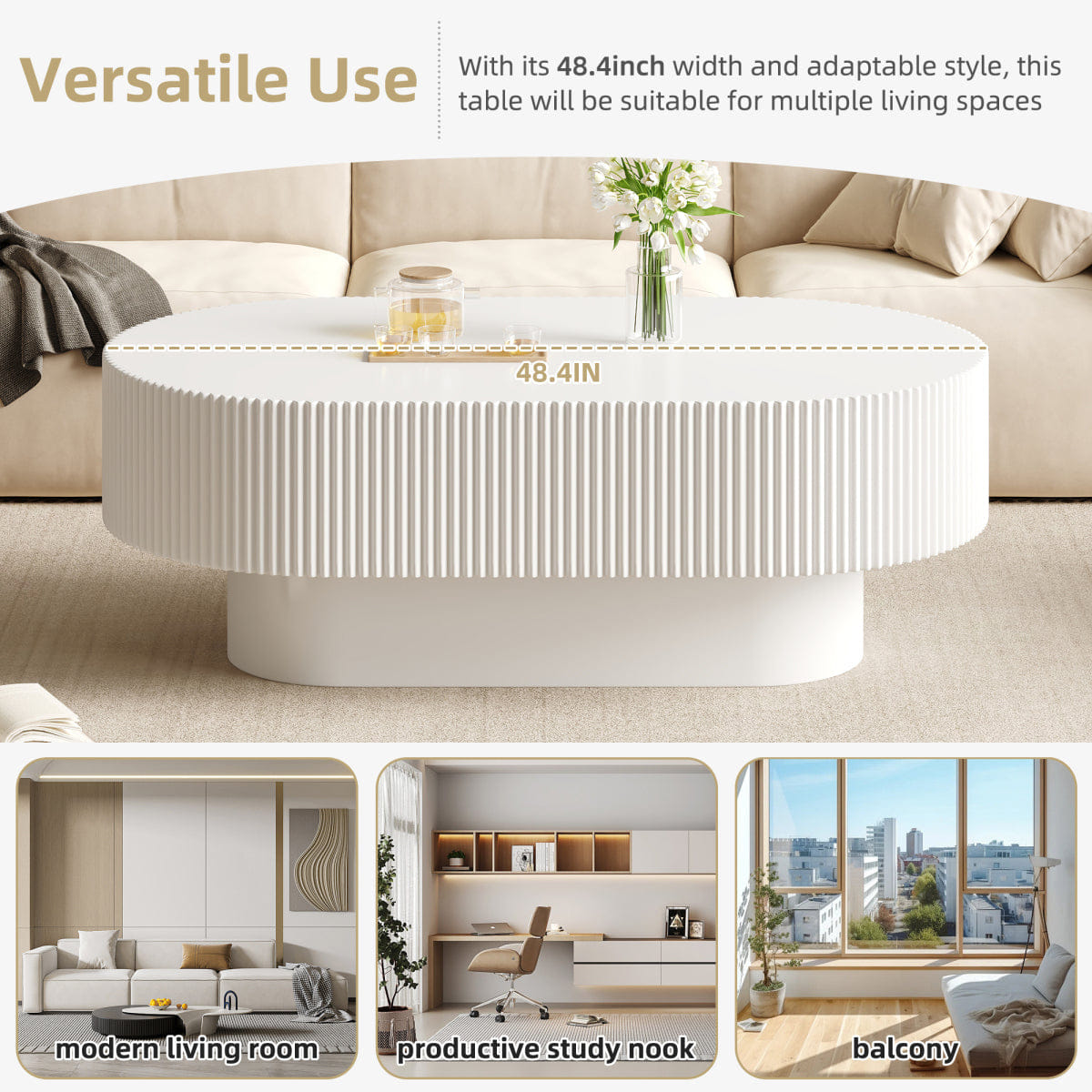 WHITE* Streamdale 48.4" Fluted Farmhouse Oval Coffee Table, White
