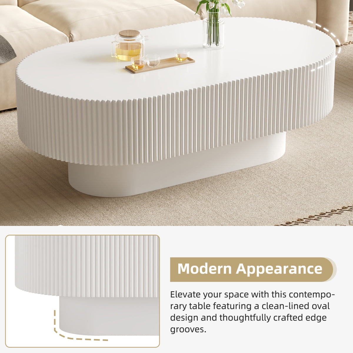 WHITE* Streamdale 48.4" Fluted Farmhouse Oval Coffee Table, White