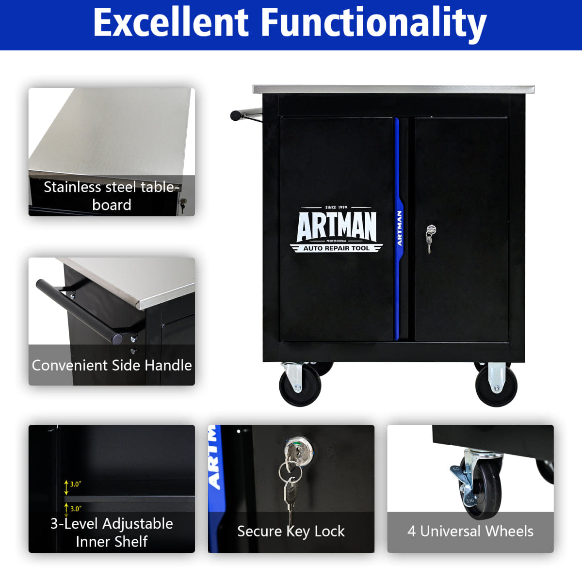 Blue Streamdale Lockable Double Door Tool Storage Cabinet - Black & Blue