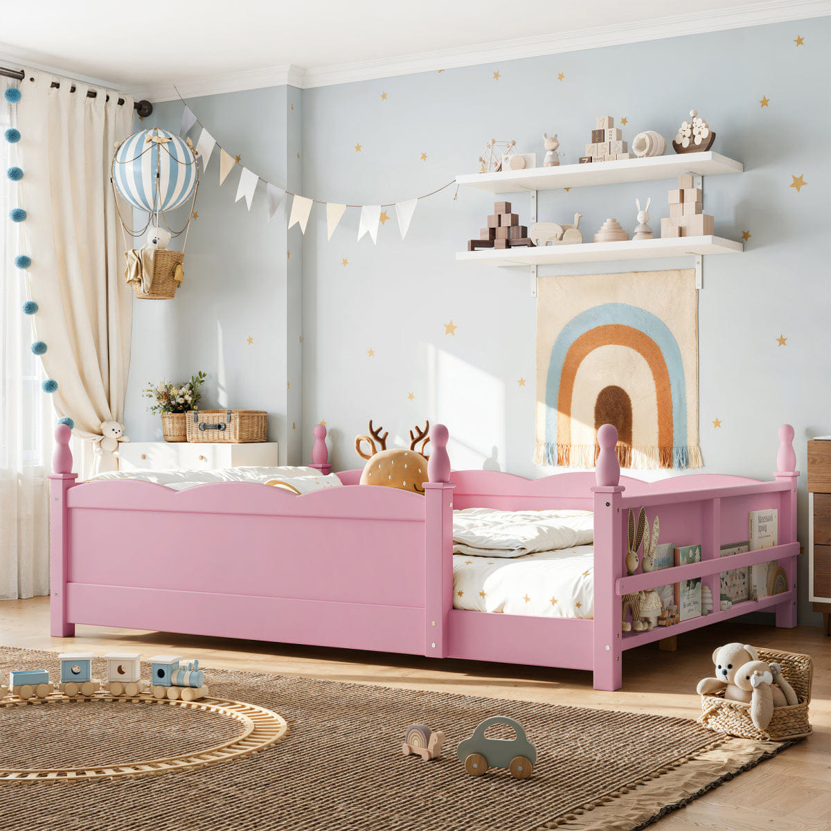 FLOOR Streamdale Kids Pink Montessori Full Floor Bed with Guardrails & Bookshelf