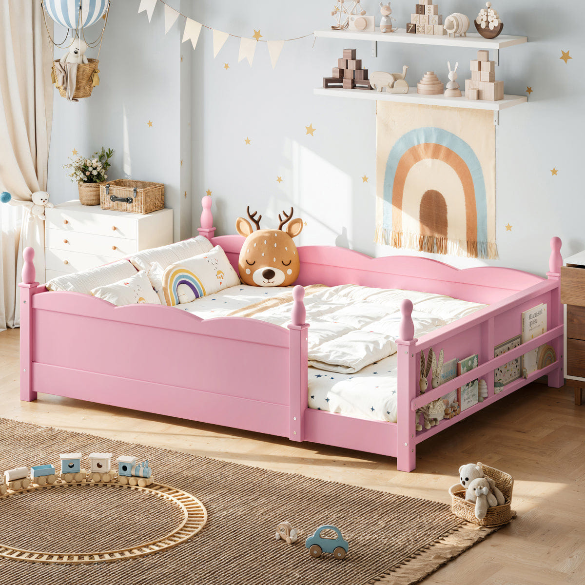 FLOOR Streamdale Kids Pink Montessori Full Floor Bed with Guardrails & Bookshelf