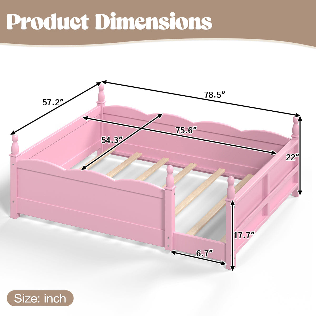 FLOOR Streamdale Kids Pink Montessori Full Floor Bed with Guardrails & Bookshelf