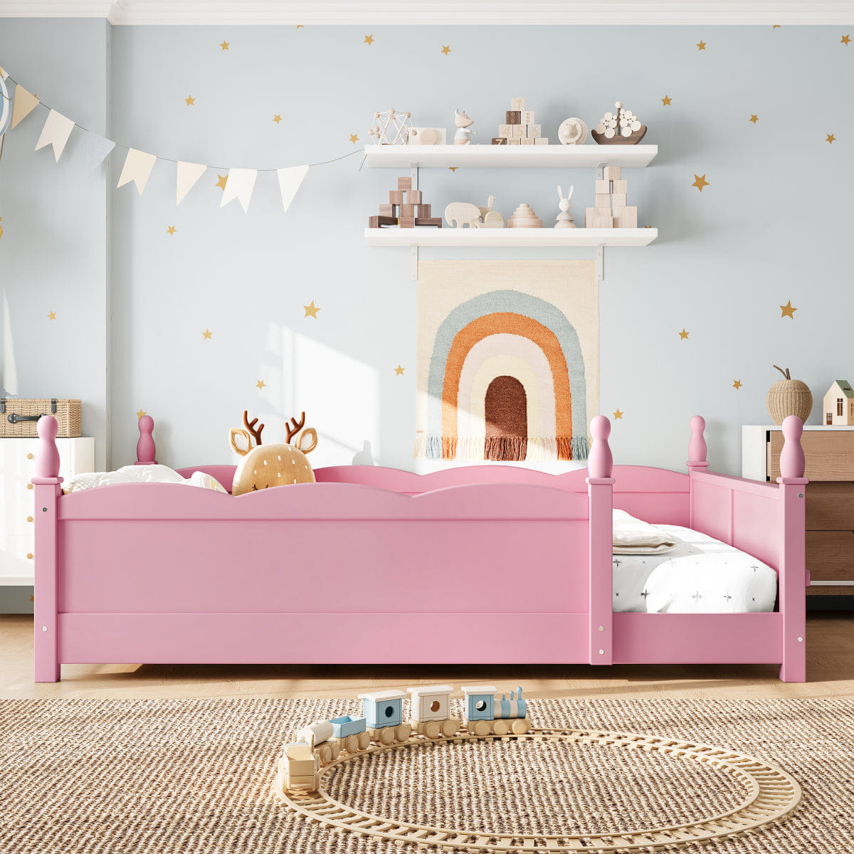 FLOOR Streamdale Kids Pink Montessori Full Floor Bed with Guardrails & Bookshelf