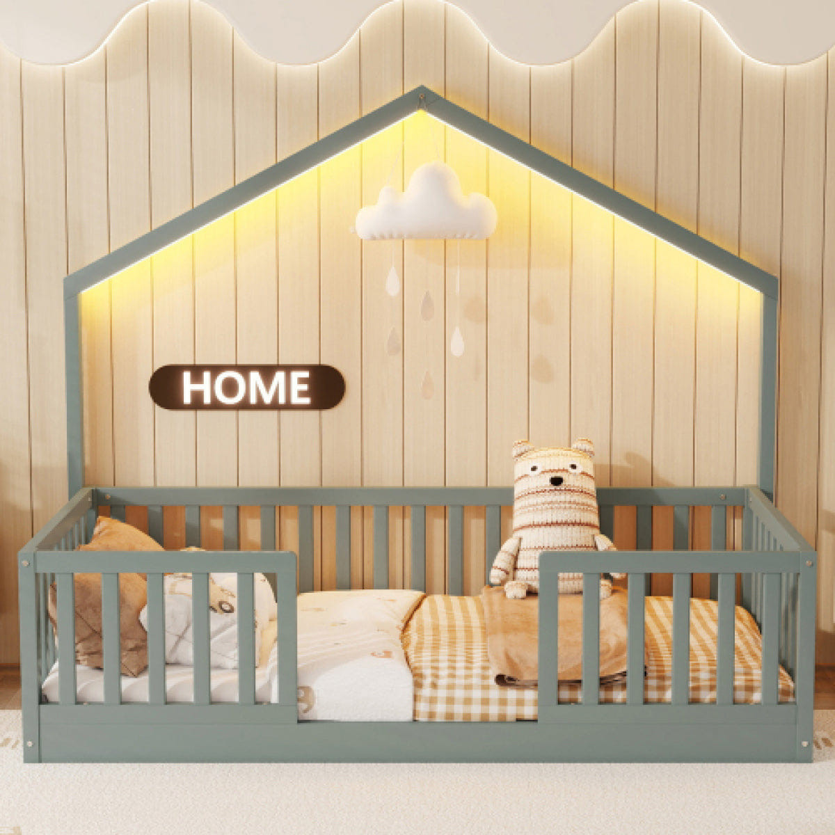FLOOR Streamdale Twin Floor Bed with High Rails and Light for Kids, Gray