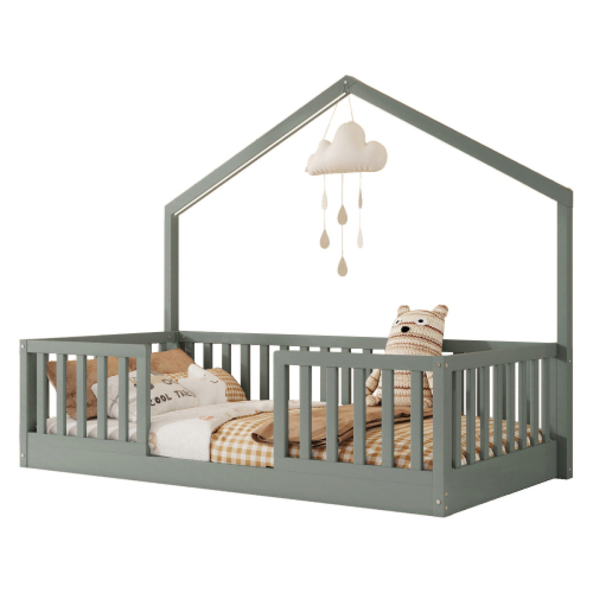 FLOOR Streamdale Twin Floor Bed with High Rails and Light for Kids, Gray