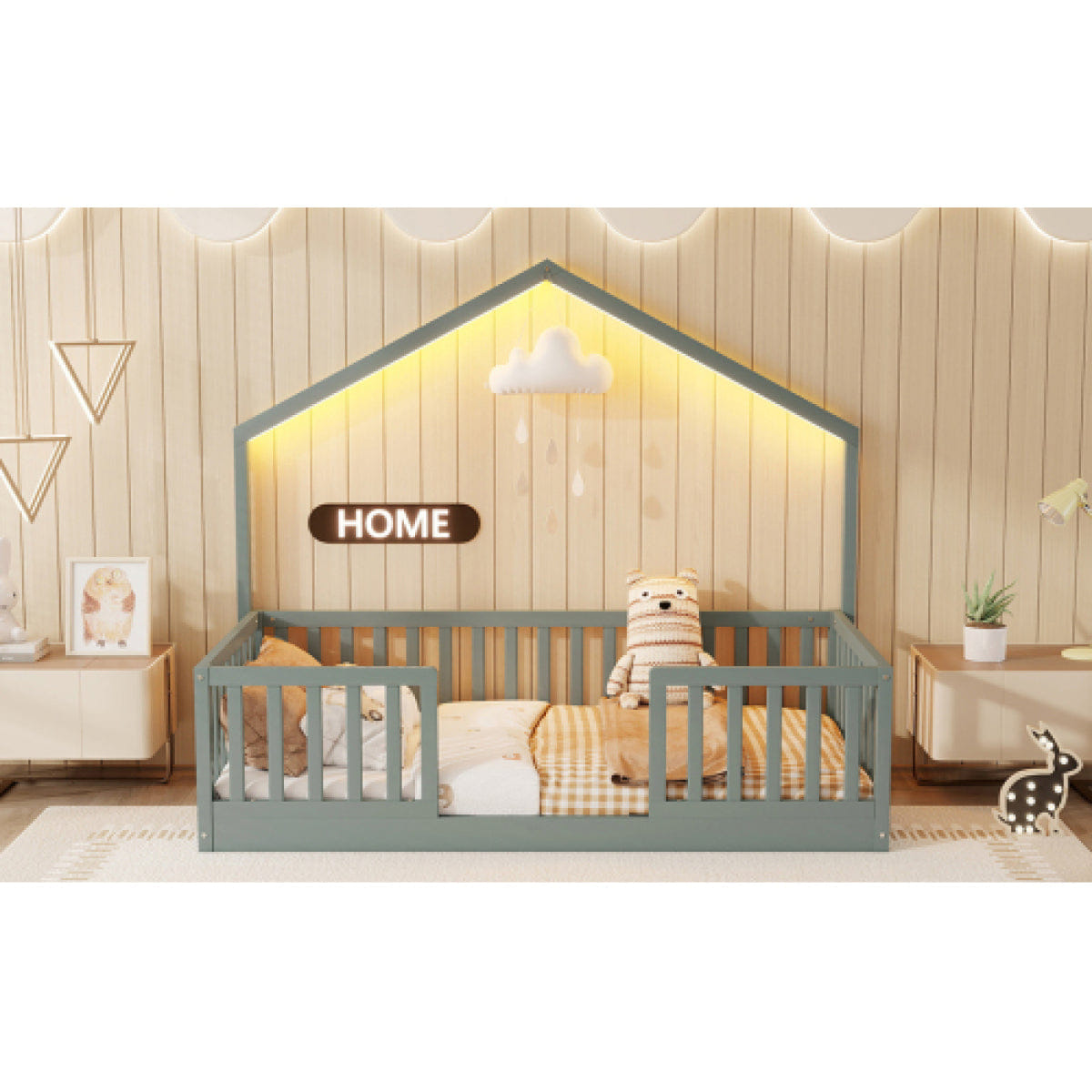 FLOOR Streamdale Twin Floor Bed with High Rails and Light for Kids, Gray