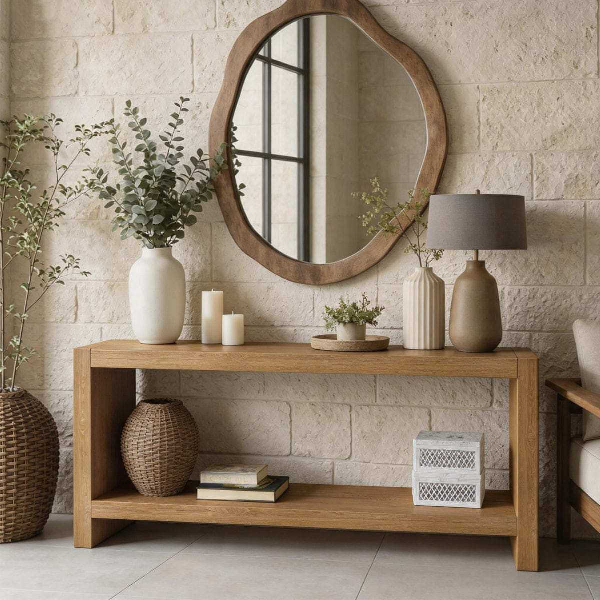 WOOD Streamdale 63" Farmhouse Console Table, Rustic 2 - Tier Wood Sofa Table, Light Brown