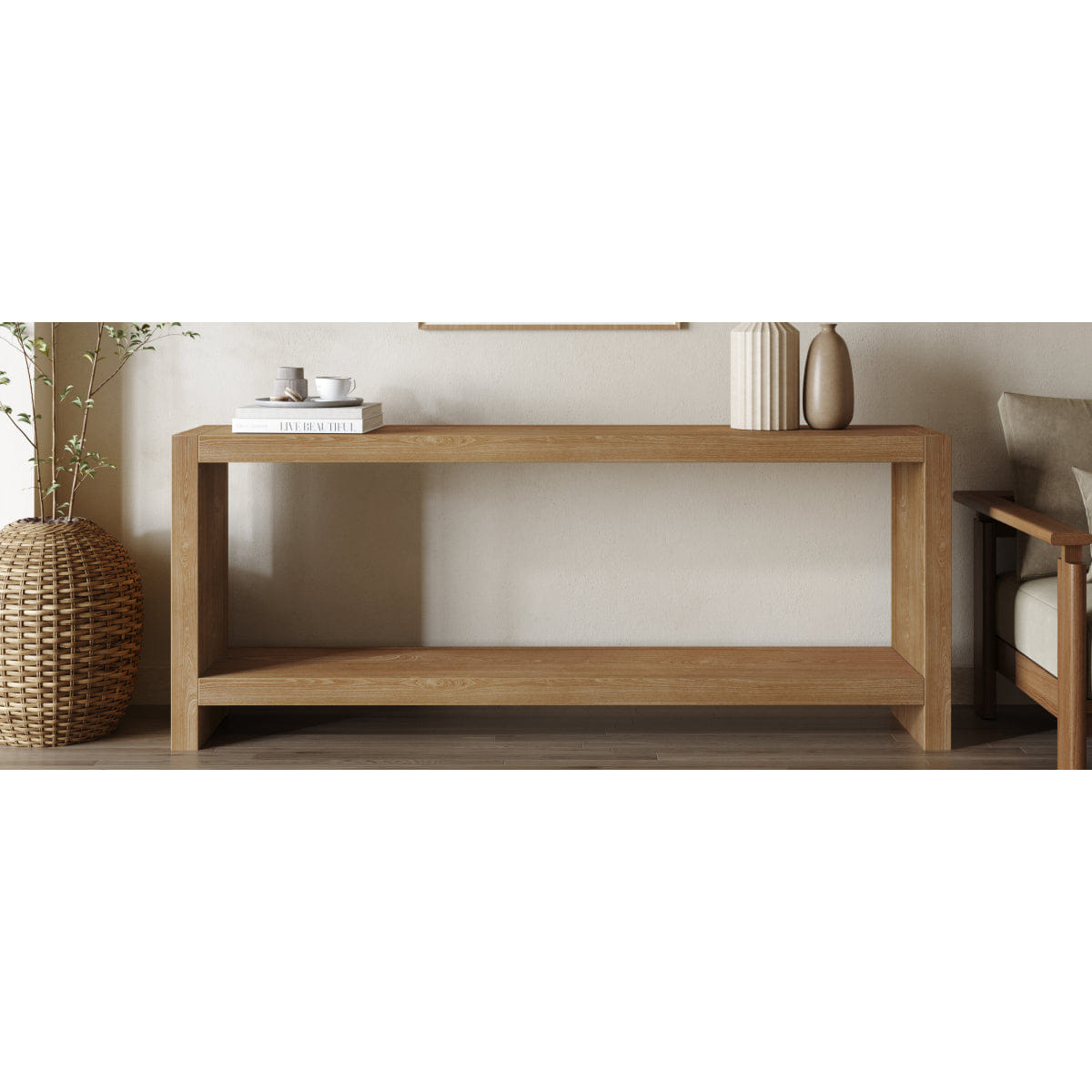 WOOD Streamdale 63" Farmhouse Console Table, Rustic 2 - Tier Wood Sofa Table, Light Brown
