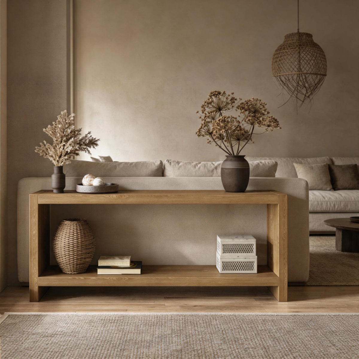 WOOD Streamdale 63" Farmhouse Console Table, Rustic 2 - Tier Wood Sofa Table, Light Brown