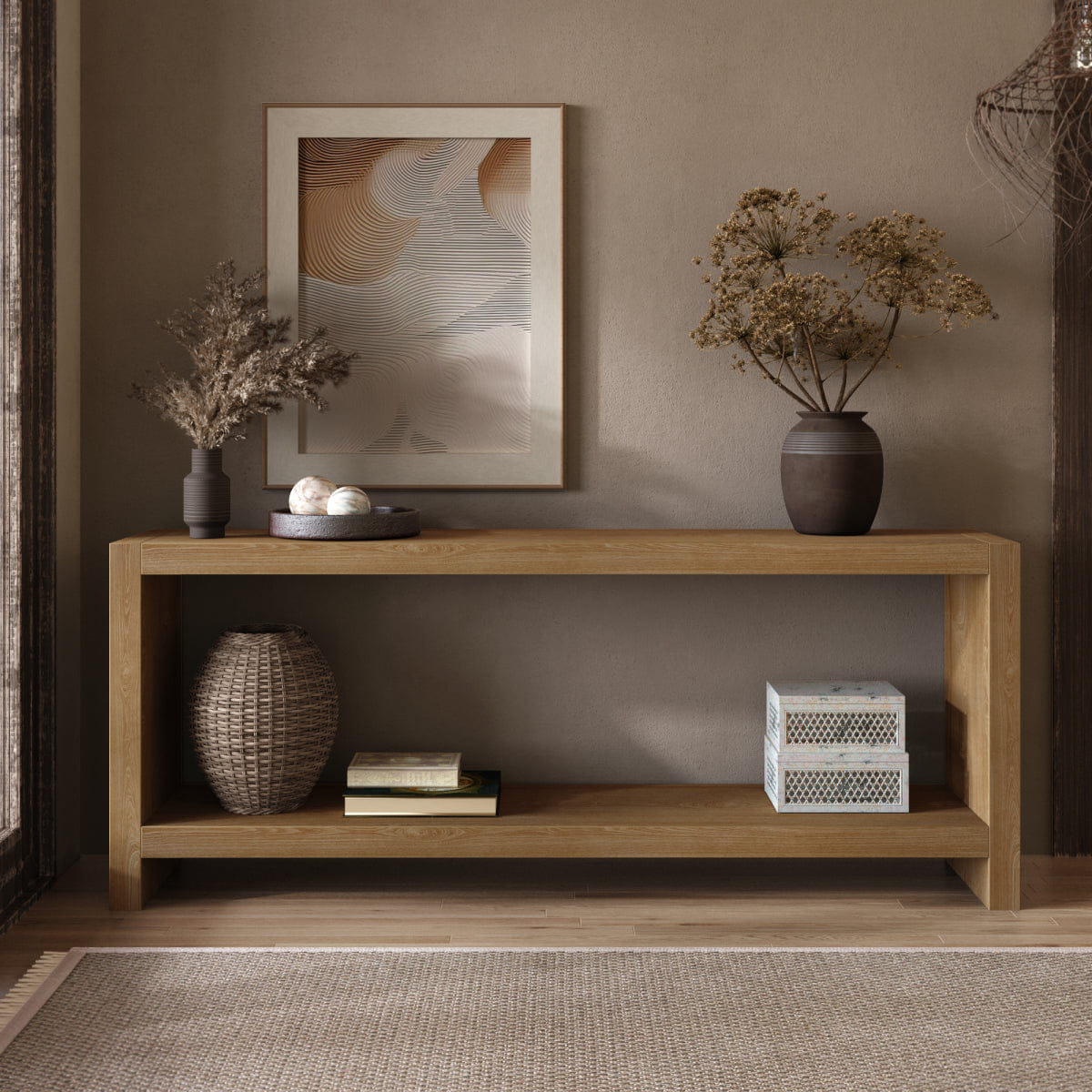WOOD Streamdale 63" Farmhouse Console Table, Rustic 2 - Tier Wood Sofa Table, Light Brown