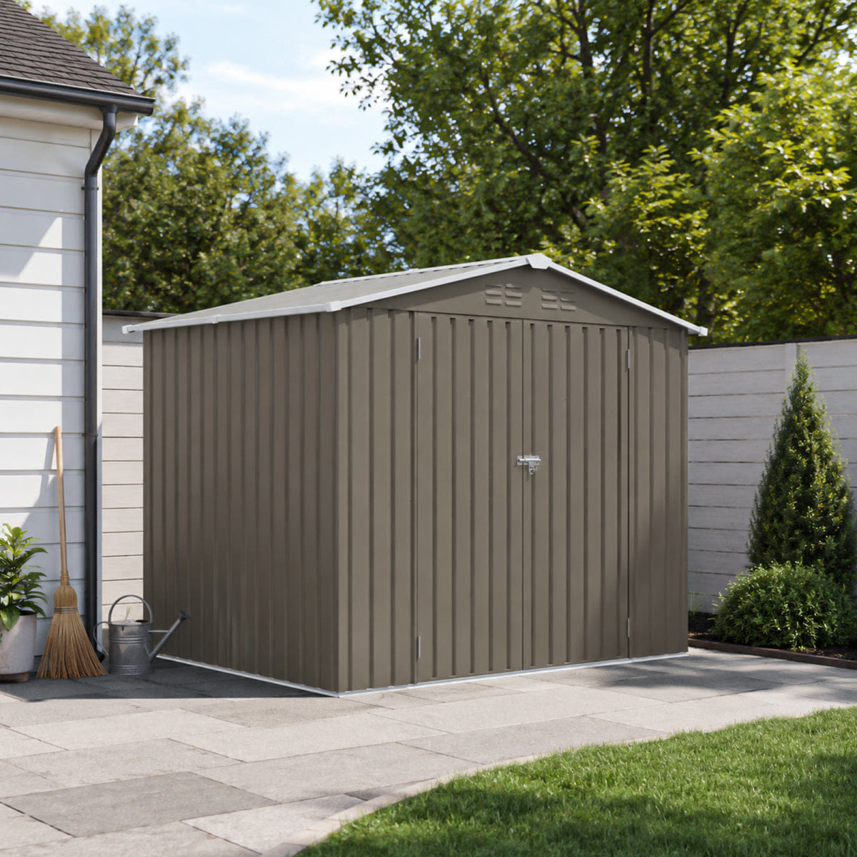 OUTDOOR Streamdale 8x6 FT Metal Outdoor Storage Shed with Lockable Doors & Vents, Olive Grey