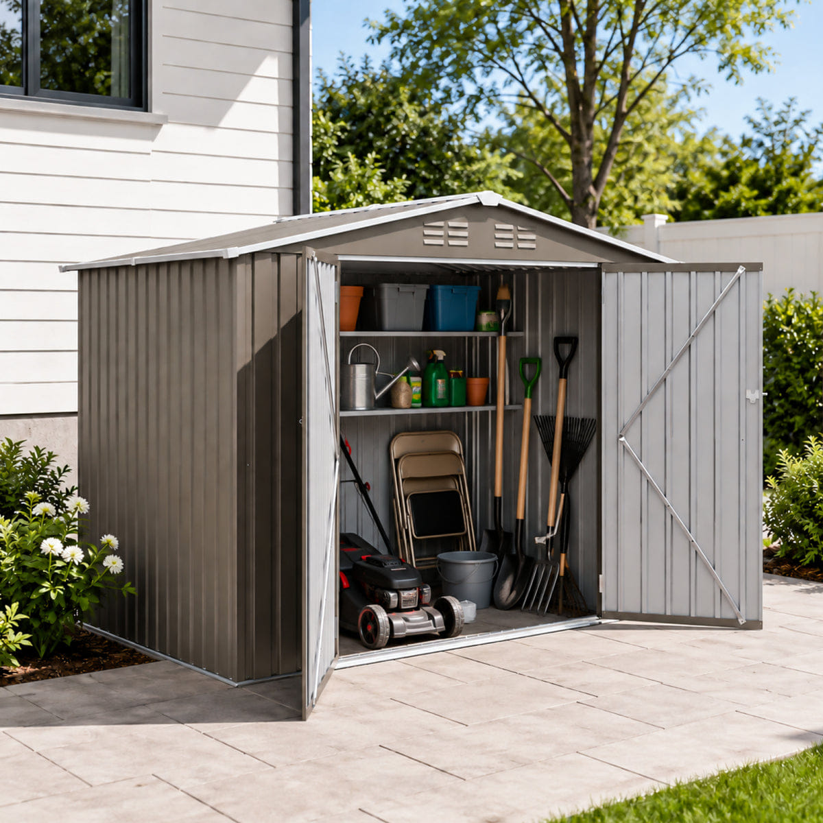 OUTDOOR Streamdale 8x6 FT Metal Outdoor Storage Shed with Lockable Doors & Vents, Olive Grey