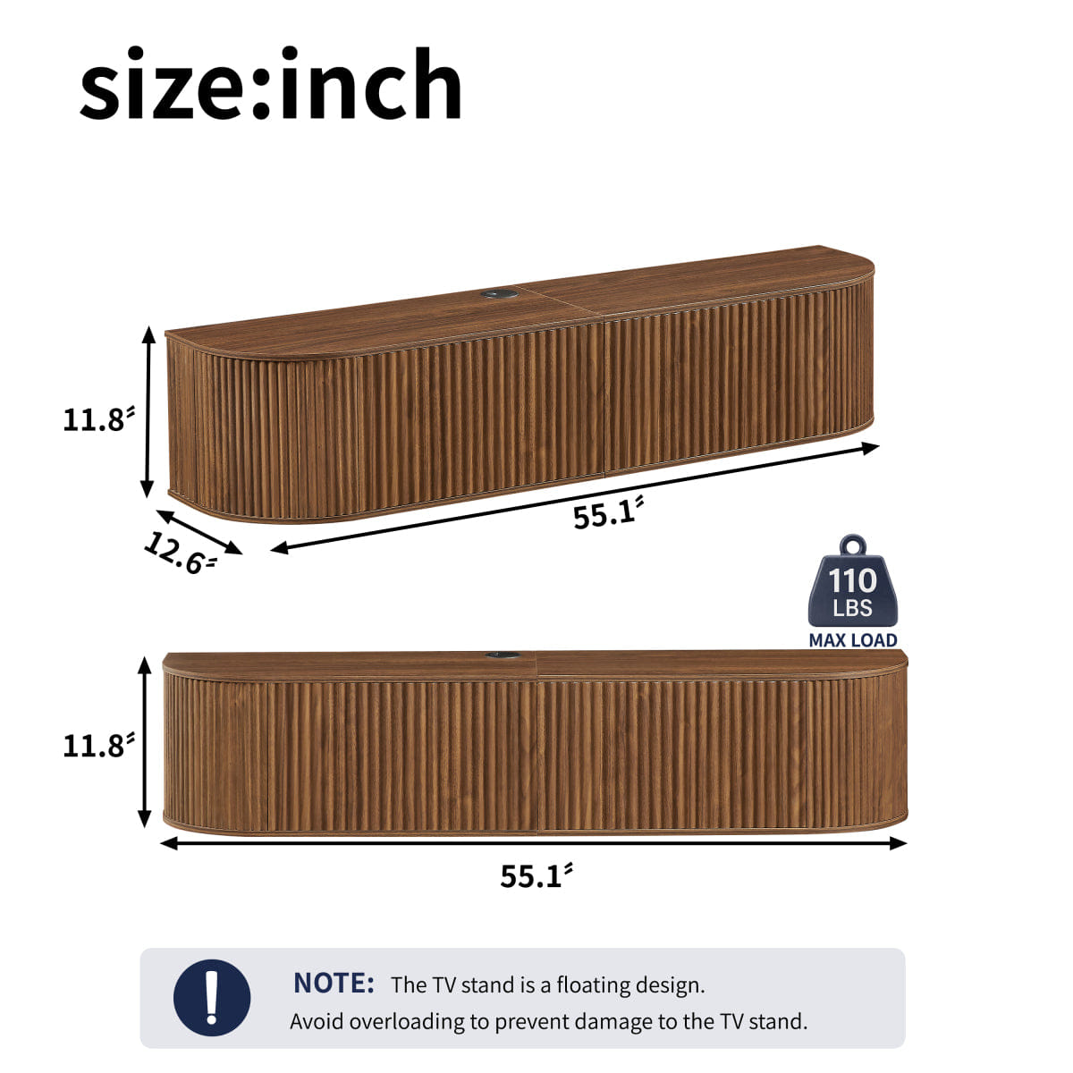 DOORS Streamdale 55" Floating TV Cabinet with Fluted Doors, Walnut