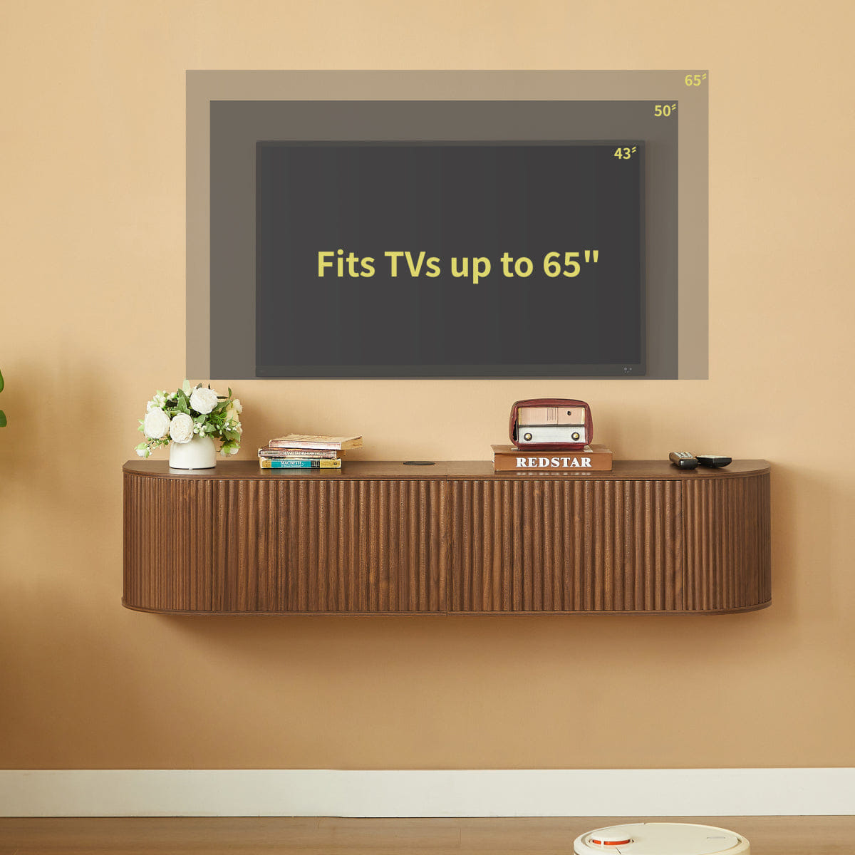 DOORS Streamdale 55" Floating TV Cabinet with Fluted Doors, Walnut