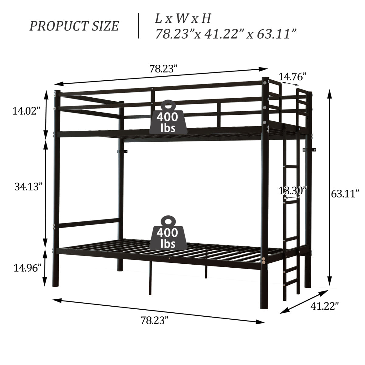 And Streamdale Twin Over Twin Metal Bunk Bed with Ladder and Guardrail, Black