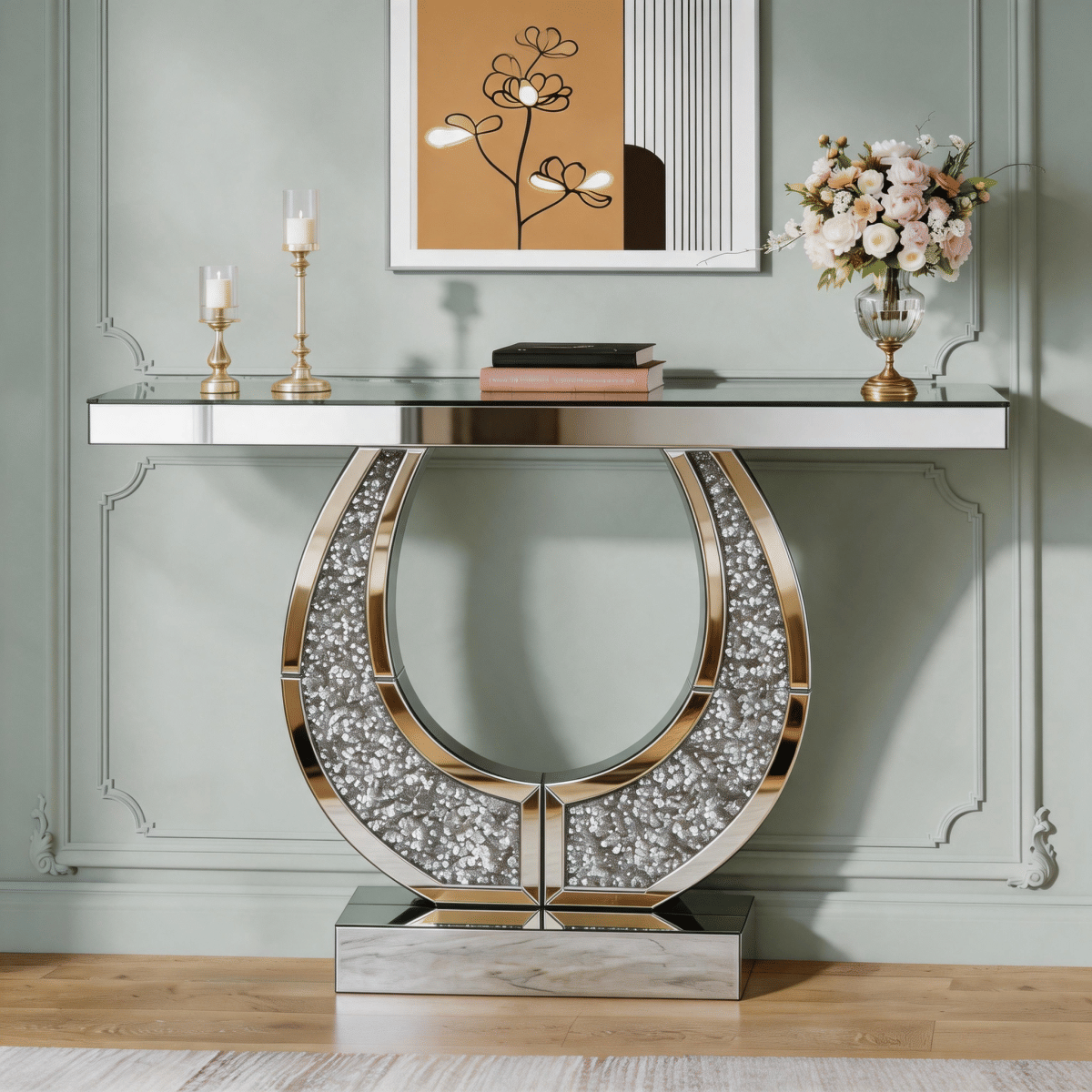 Diamond Streamdale 45" Mirrored Crushed Diamond Console Table Glam Sofa Entryway Desk Silver