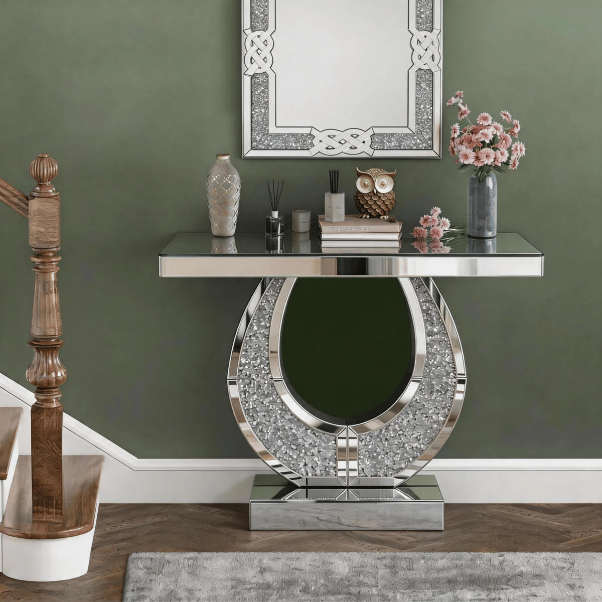 Diamond Streamdale 45" Mirrored Crushed Diamond Console Table Glam Sofa Entryway Desk Silver