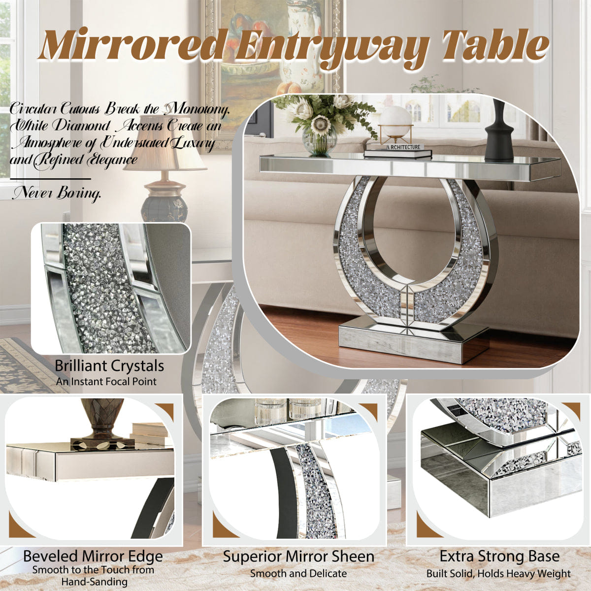 Diamond Streamdale 45" Mirrored Crushed Diamond Console Table Glam Sofa Entryway Desk Silver