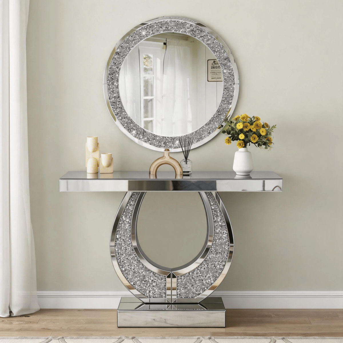 Diamond Streamdale 45" Mirrored Crushed Diamond Console Table Glam Sofa Entryway Desk Silver