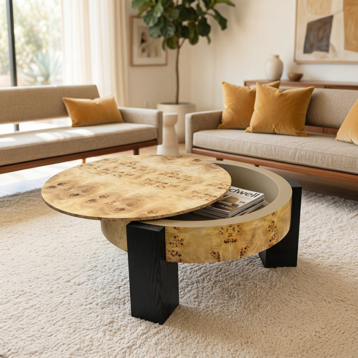 Hidden Streamdale 33'' Round Burl Wood Storage Coffee Table with Hidden Compartment