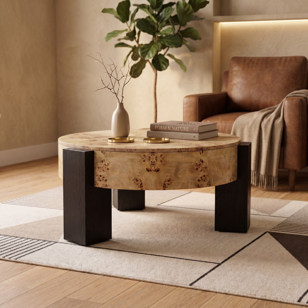Hidden Streamdale 33'' Round Burl Wood Storage Coffee Table with Hidden Compartment