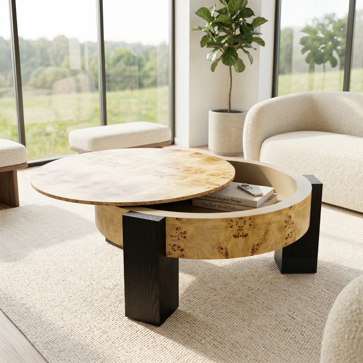 Hidden Streamdale 33'' Round Burl Wood Storage Coffee Table with Hidden Compartment