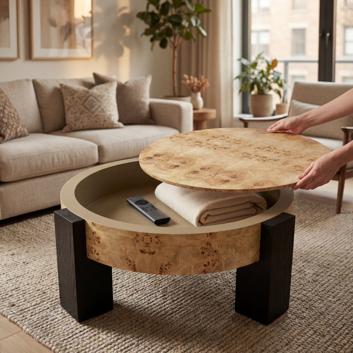 Hidden Streamdale 33'' Round Burl Wood Storage Coffee Table with Hidden Compartment