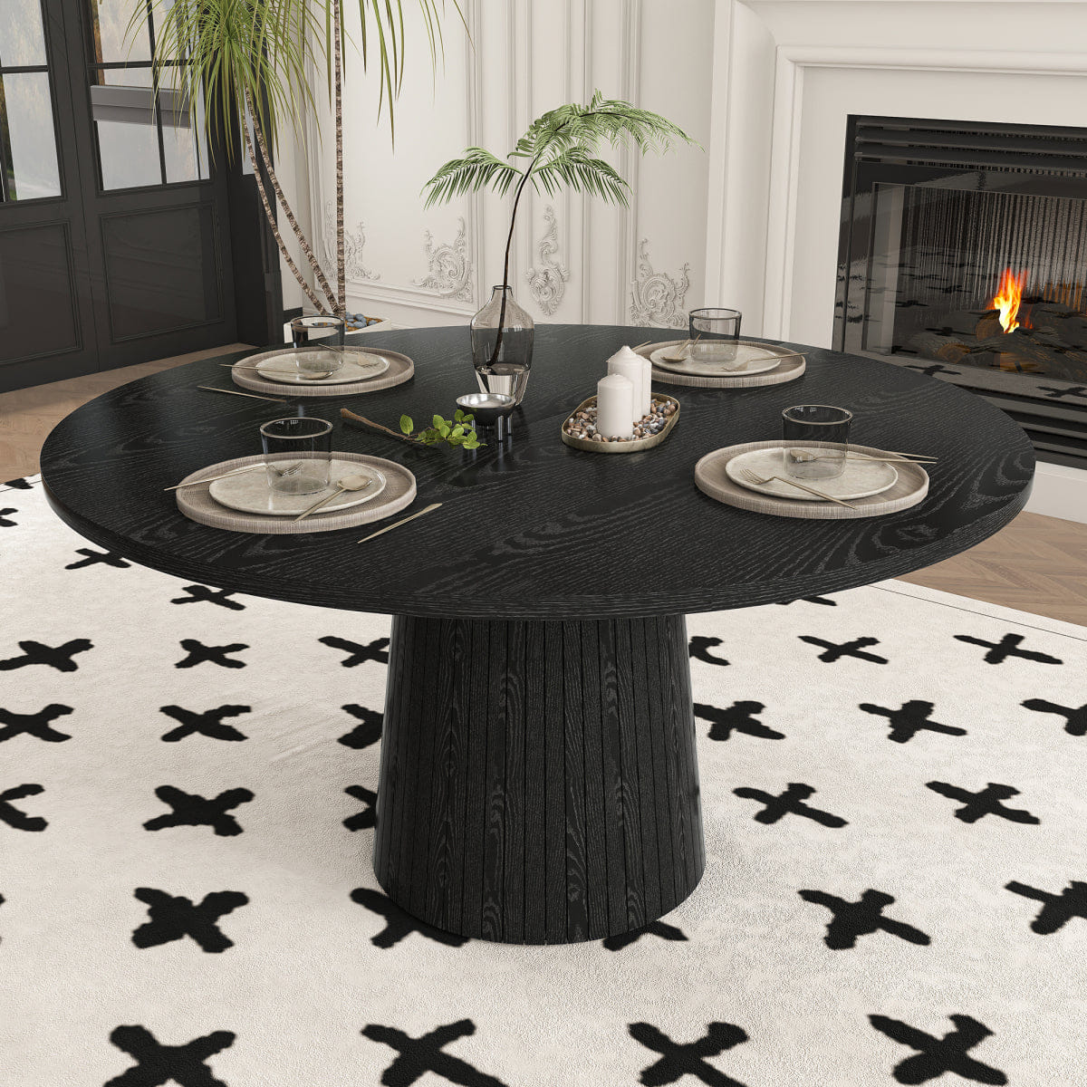 WOOD Streamdale 47" Round Modern Farmhouse MDF Dining Table with Wood Strip Base, Black