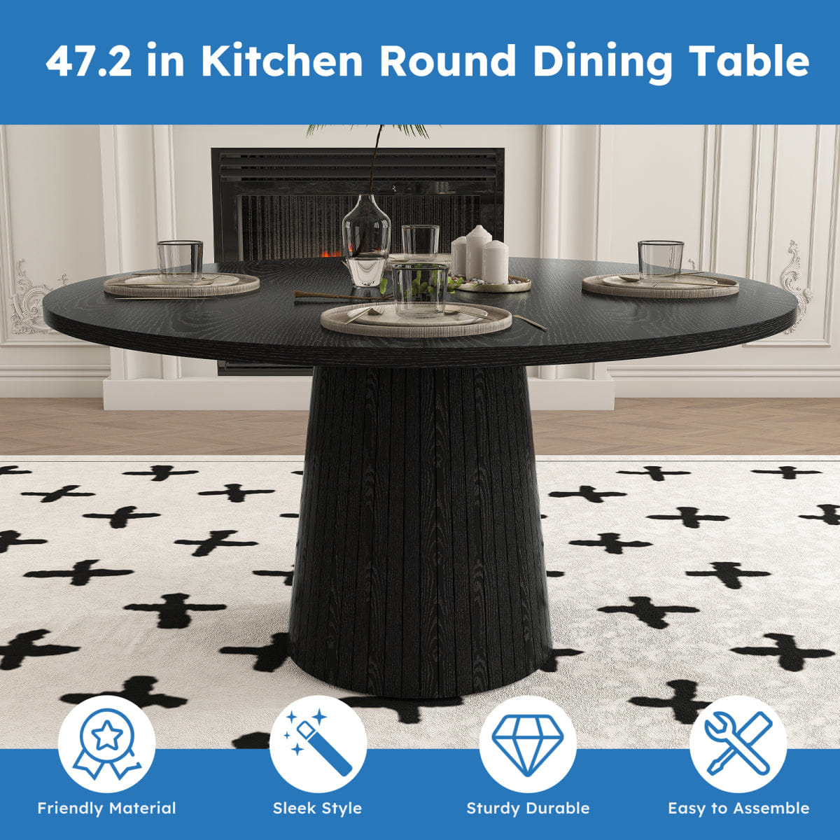 WOOD Streamdale 47" Round Modern Farmhouse MDF Dining Table with Wood Strip Base, Black