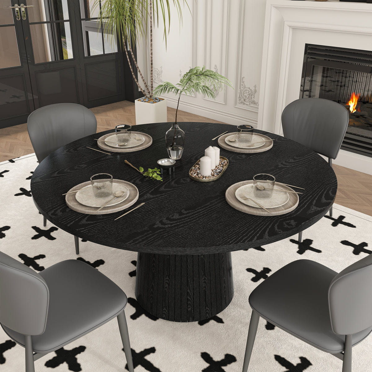 WOOD Streamdale 47" Round Modern Farmhouse MDF Dining Table with Wood Strip Base, Black