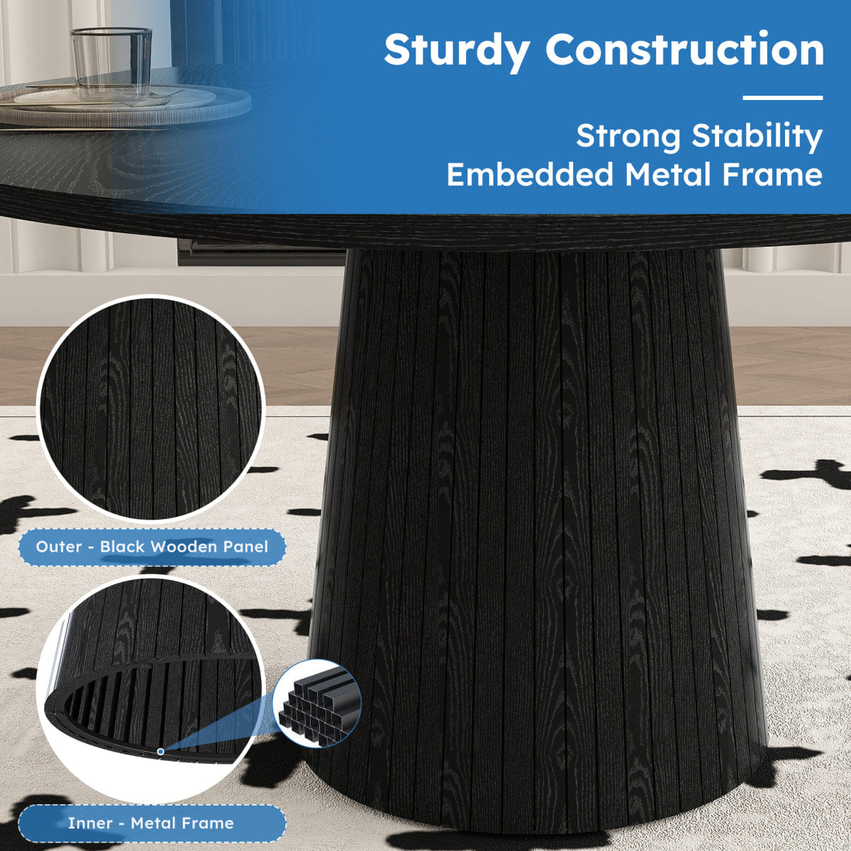 WOOD Streamdale 47" Round Modern Farmhouse MDF Dining Table with Wood Strip Base, Black