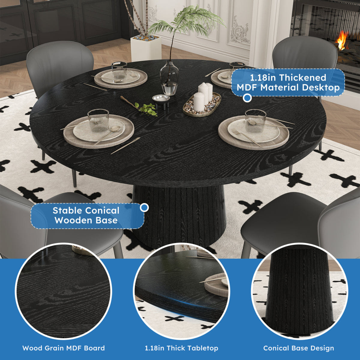 WOOD Streamdale 47" Round Modern Farmhouse MDF Dining Table with Wood Strip Base, Black