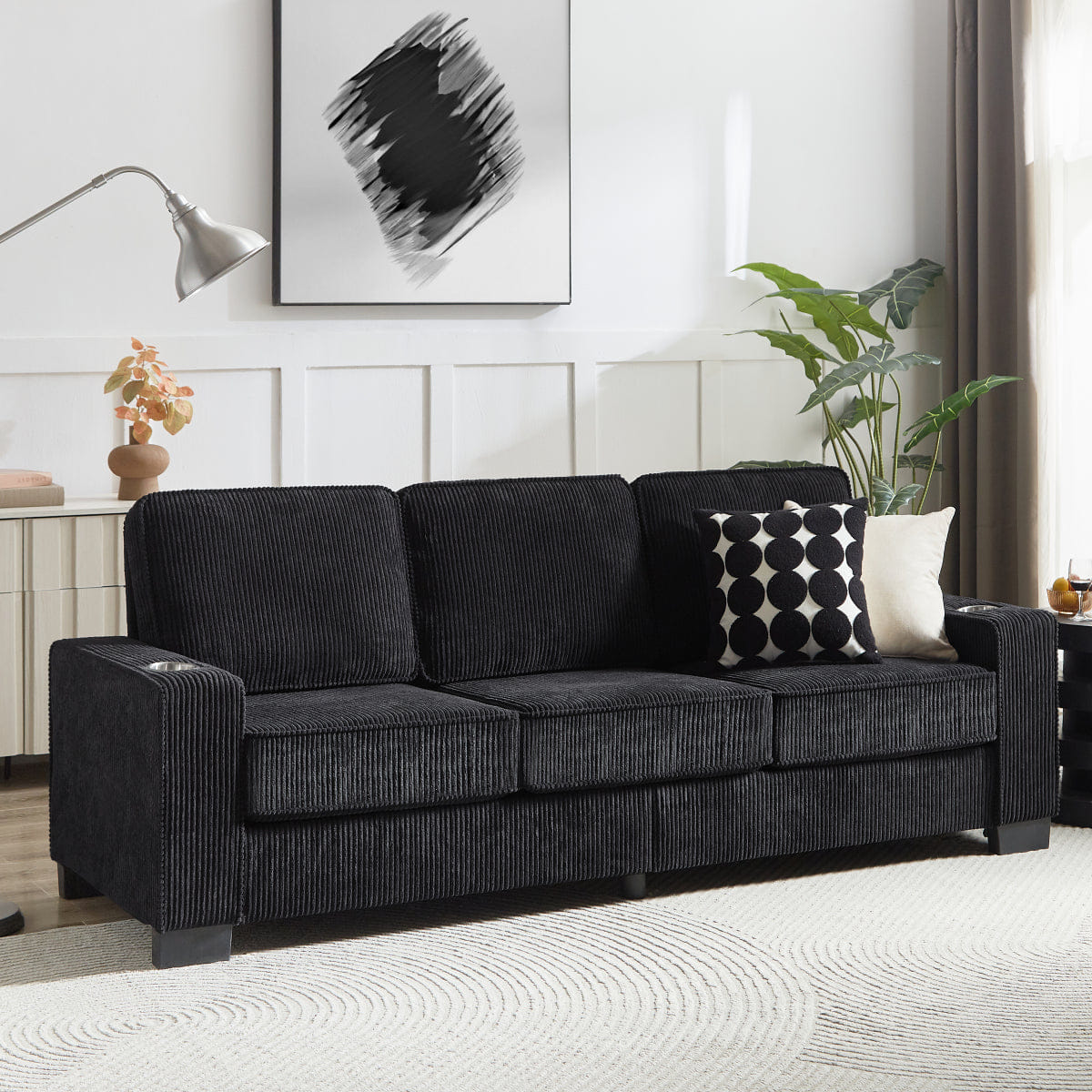 Corduroy Streamdale Modern 83.86" 3 - Seater Corduroy Sofa for Living Room - Black