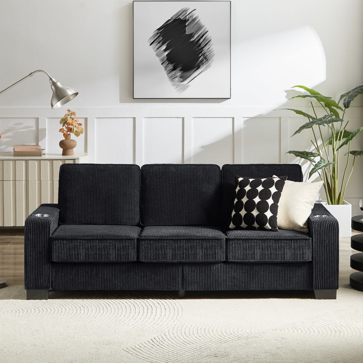 Corduroy Streamdale Modern 83.86" 3 - Seater Corduroy Sofa for Living Room - Black