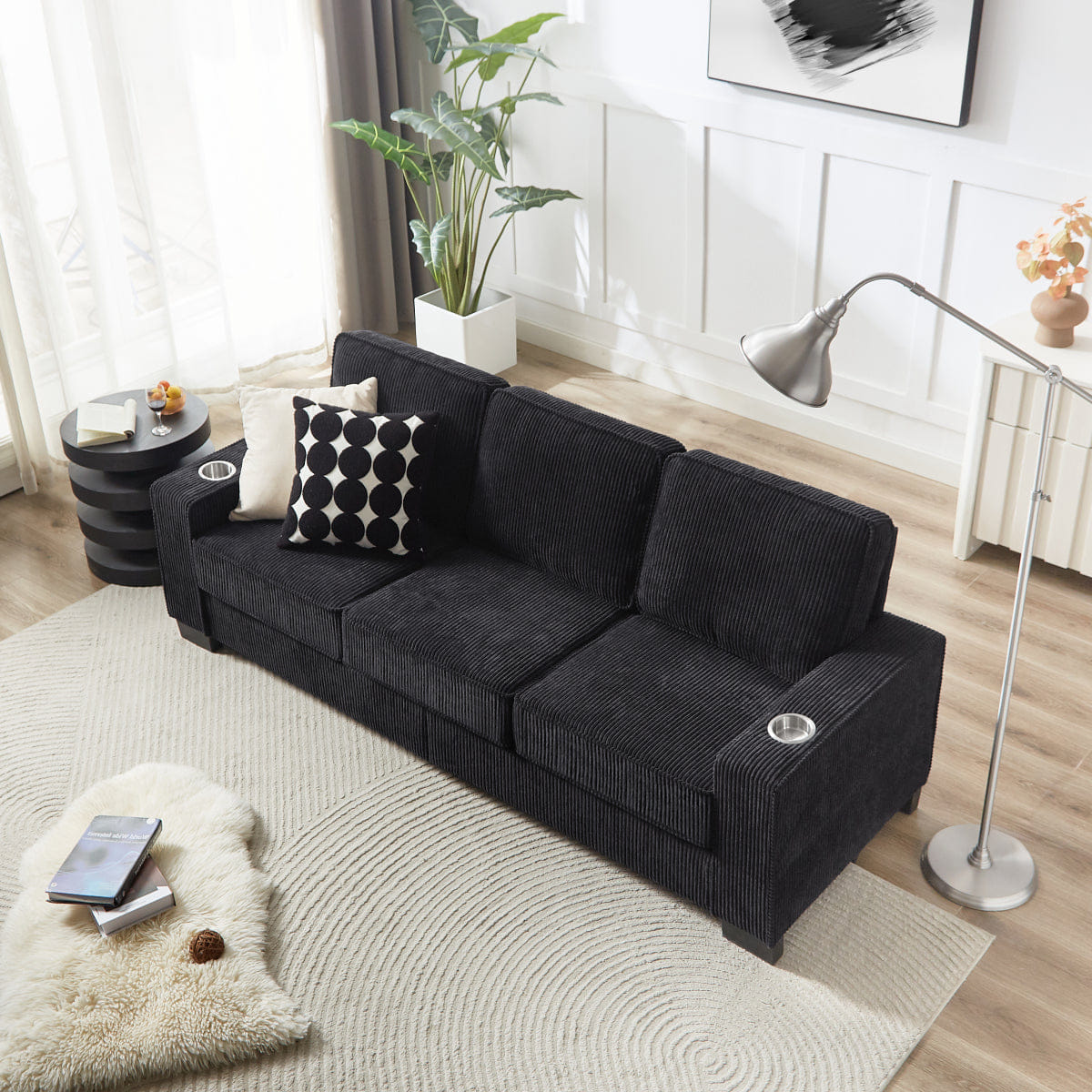 Corduroy Streamdale Modern 83.86" 3 - Seater Corduroy Sofa for Living Room - Black