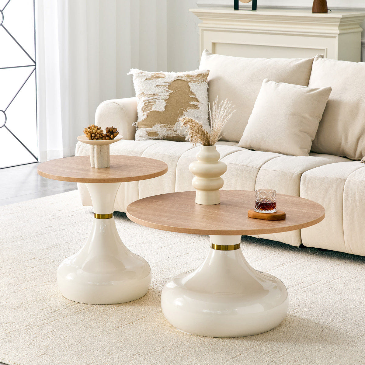 LUXURY Streamdale Affordable Luxury Gourd Nesting Coffee Table Set, Light Wood & White Metal